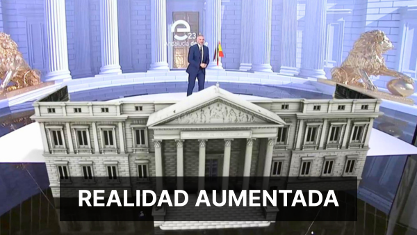 Presentador de Canal Sur con grafismo de realidad aumentada del Congreso de los Diputados en las elecciones del 23J